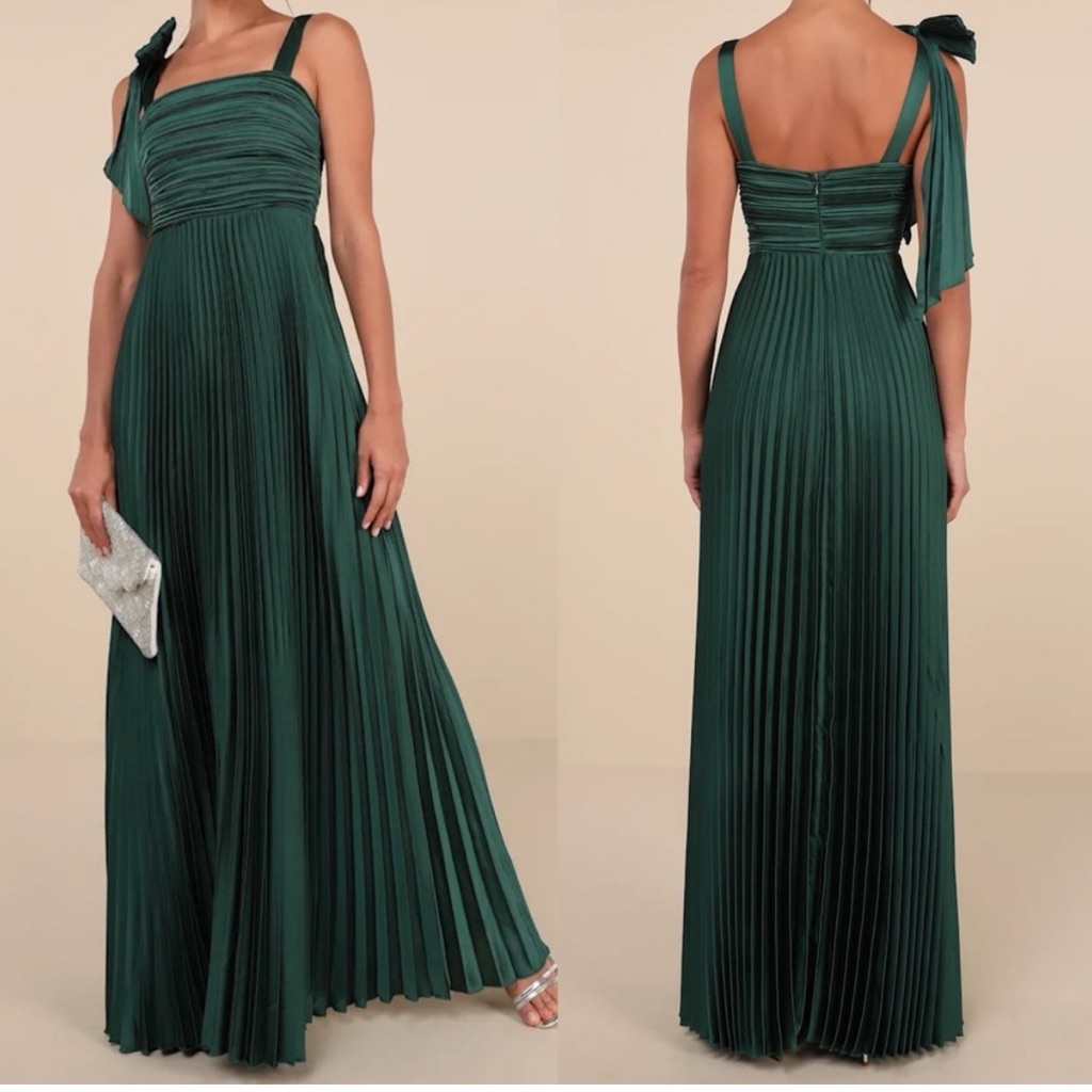 Lulus Gorgeous Purpose Emerald Satin Pleated Sleeveless Bow Maxi Dress Large Xl